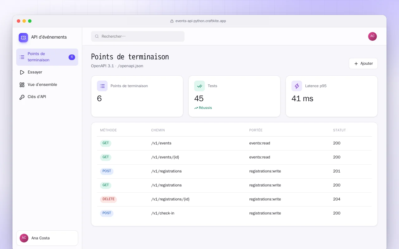 API d’événements (Python) : l’écran Points de terminaison