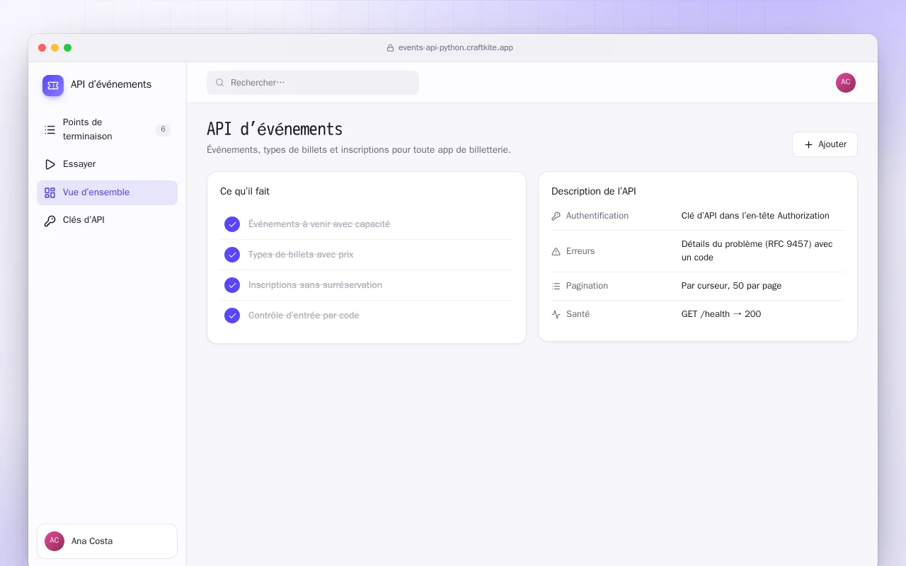 API d’événements (Python) : l’écran API d’événements