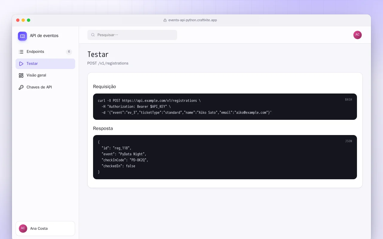 API de eventos (Python): a tela Testar