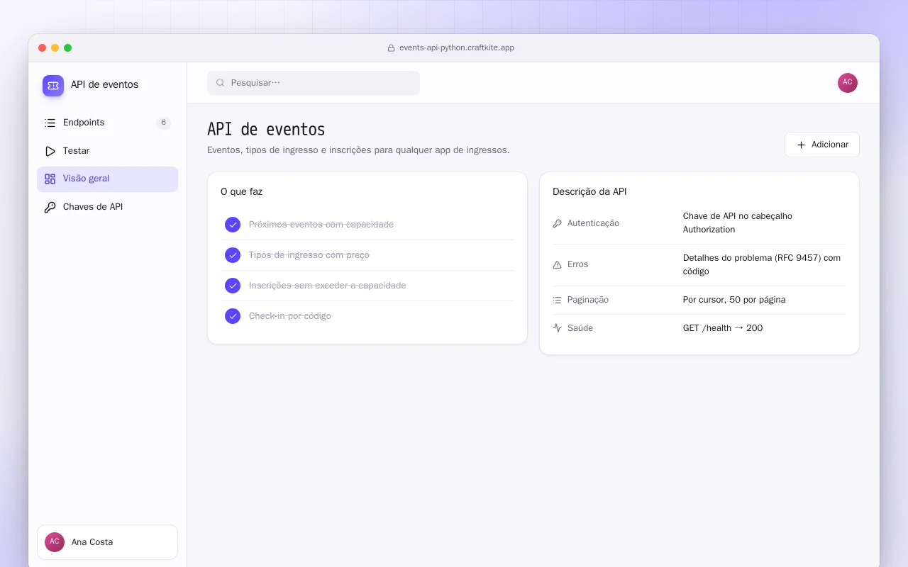 API de eventos (Python): a tela API de eventos