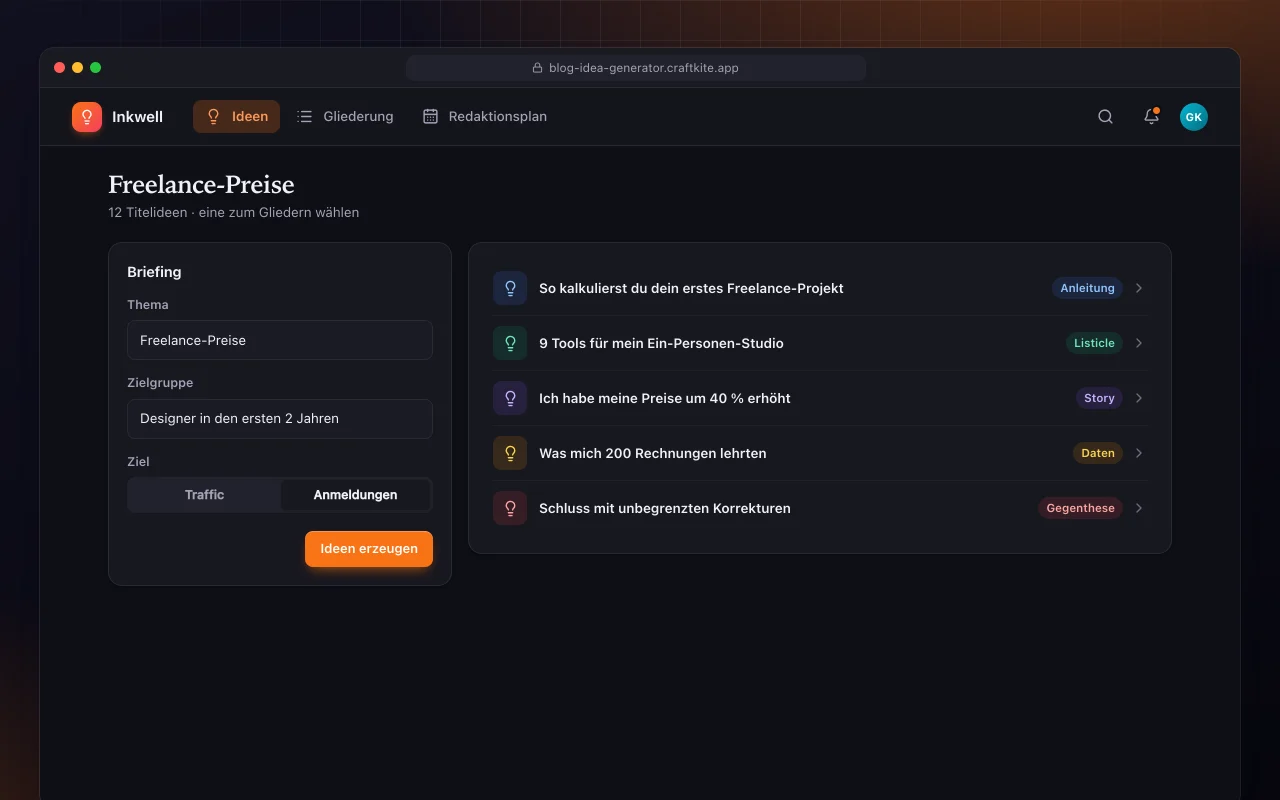 Blogideen-Generator: der Bildschirm „Freelance-Preise“
