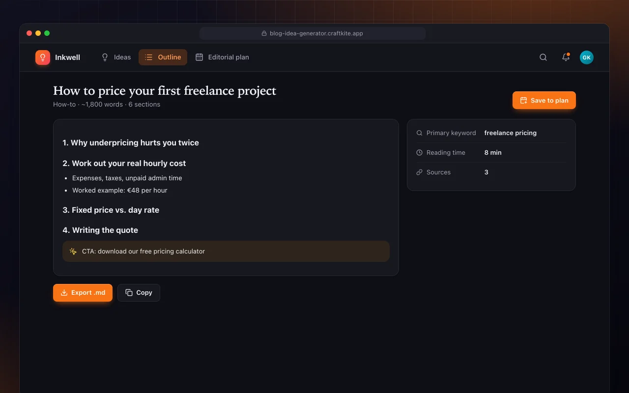 Blog idea generator: the How to price your first freelance project screen