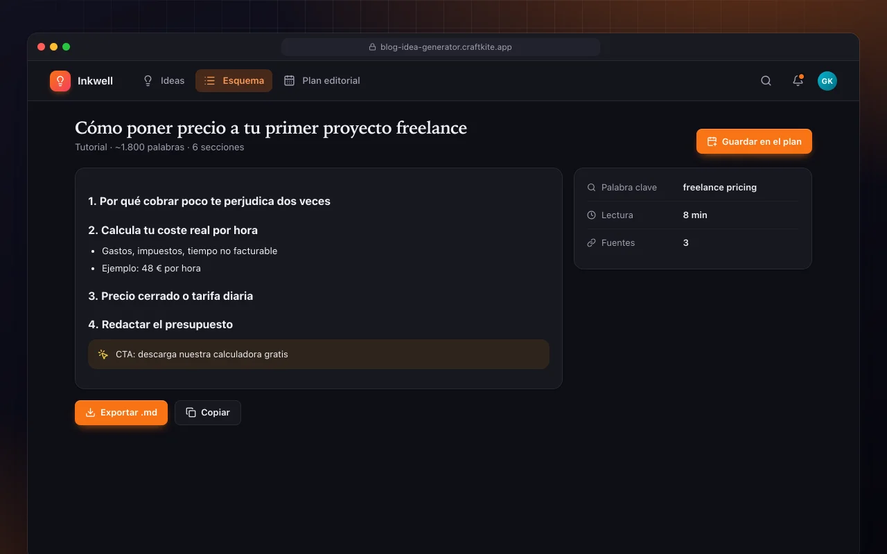 Generador de ideas para blogs: la pantalla Cómo poner precio a tu primer proyecto freelance