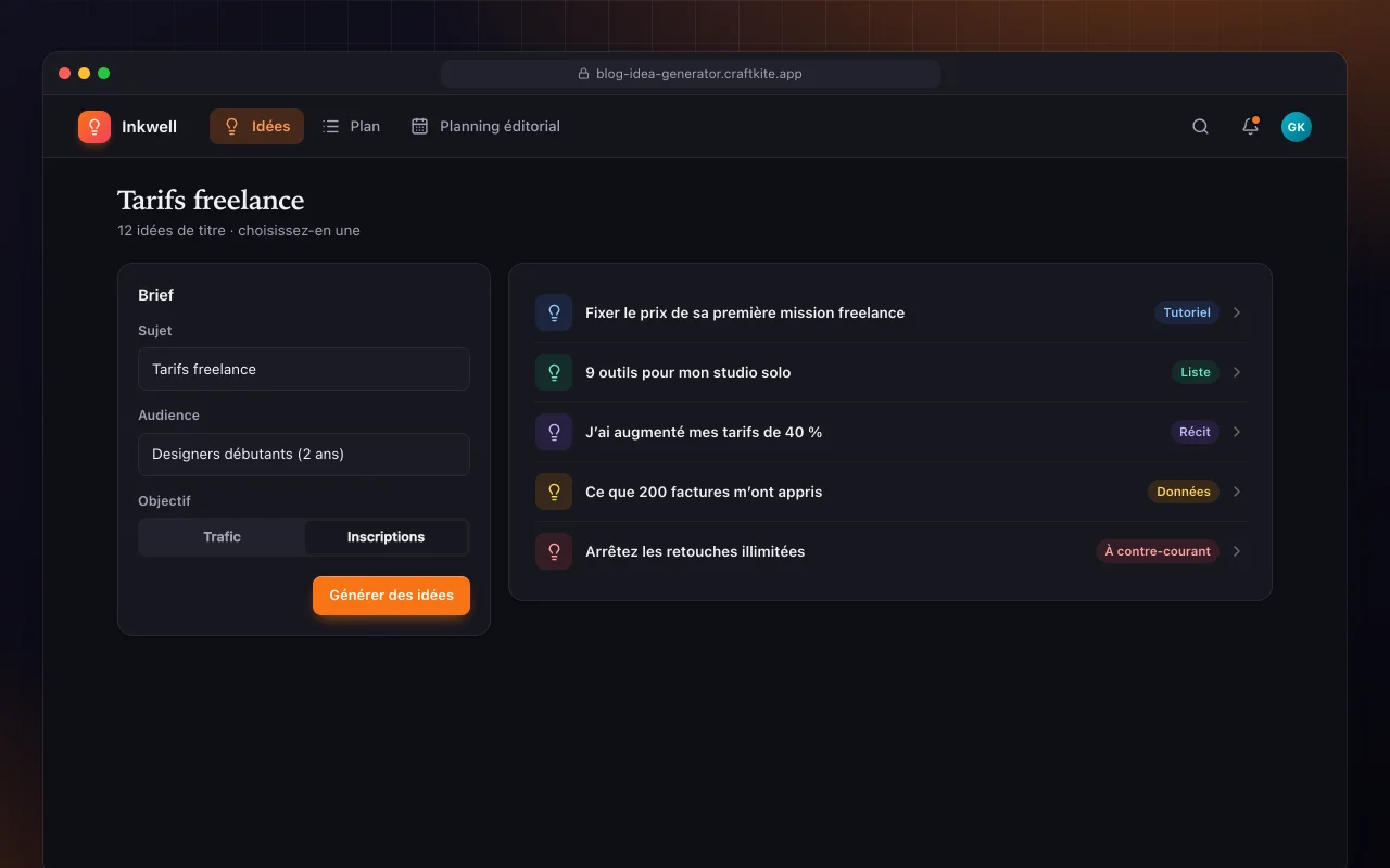 Générateur d’idées d’articles de blog : l’écran Tarifs freelance