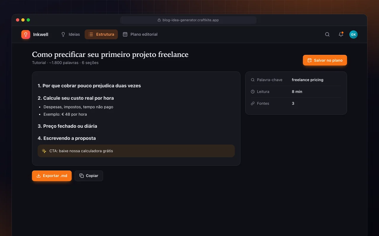 Gerador de ideias para blog: a tela Como precificar seu primeiro projeto freelance
