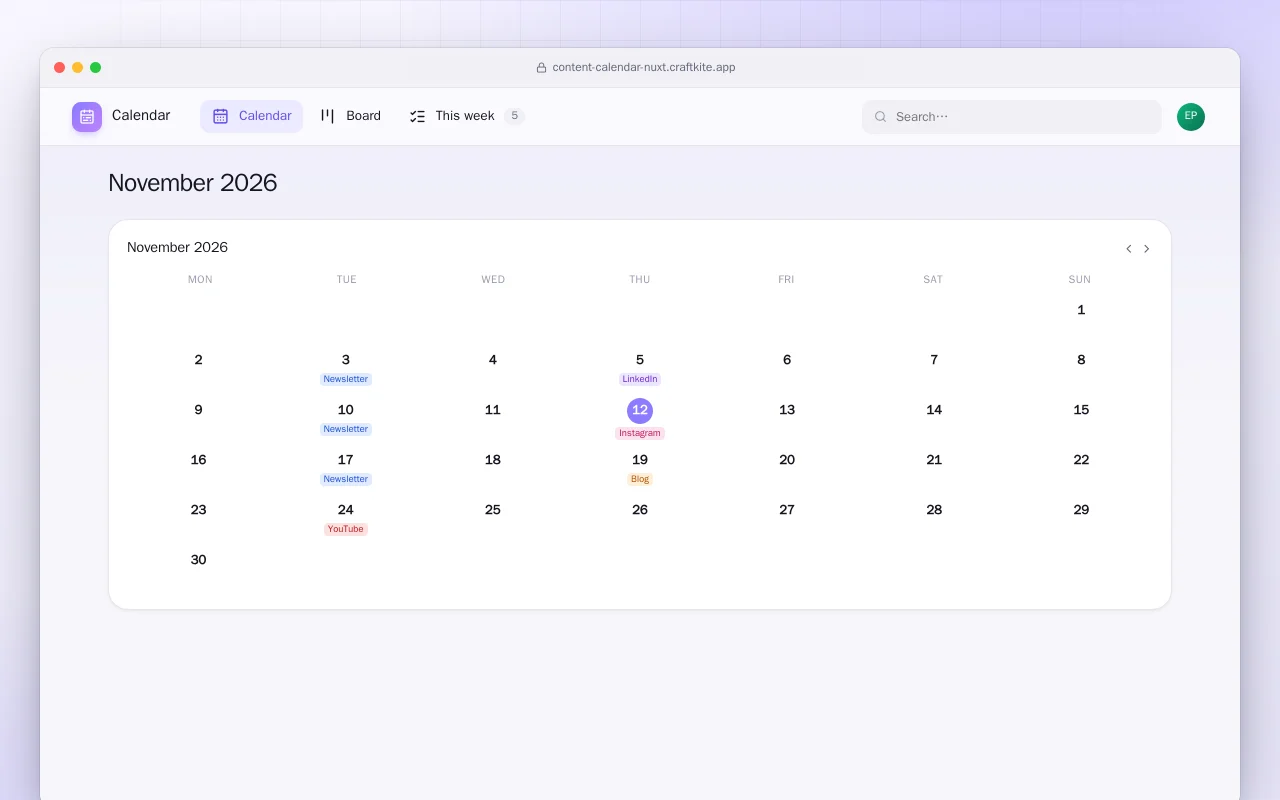 Content Calendar (Nuxt): the November 2026 screen