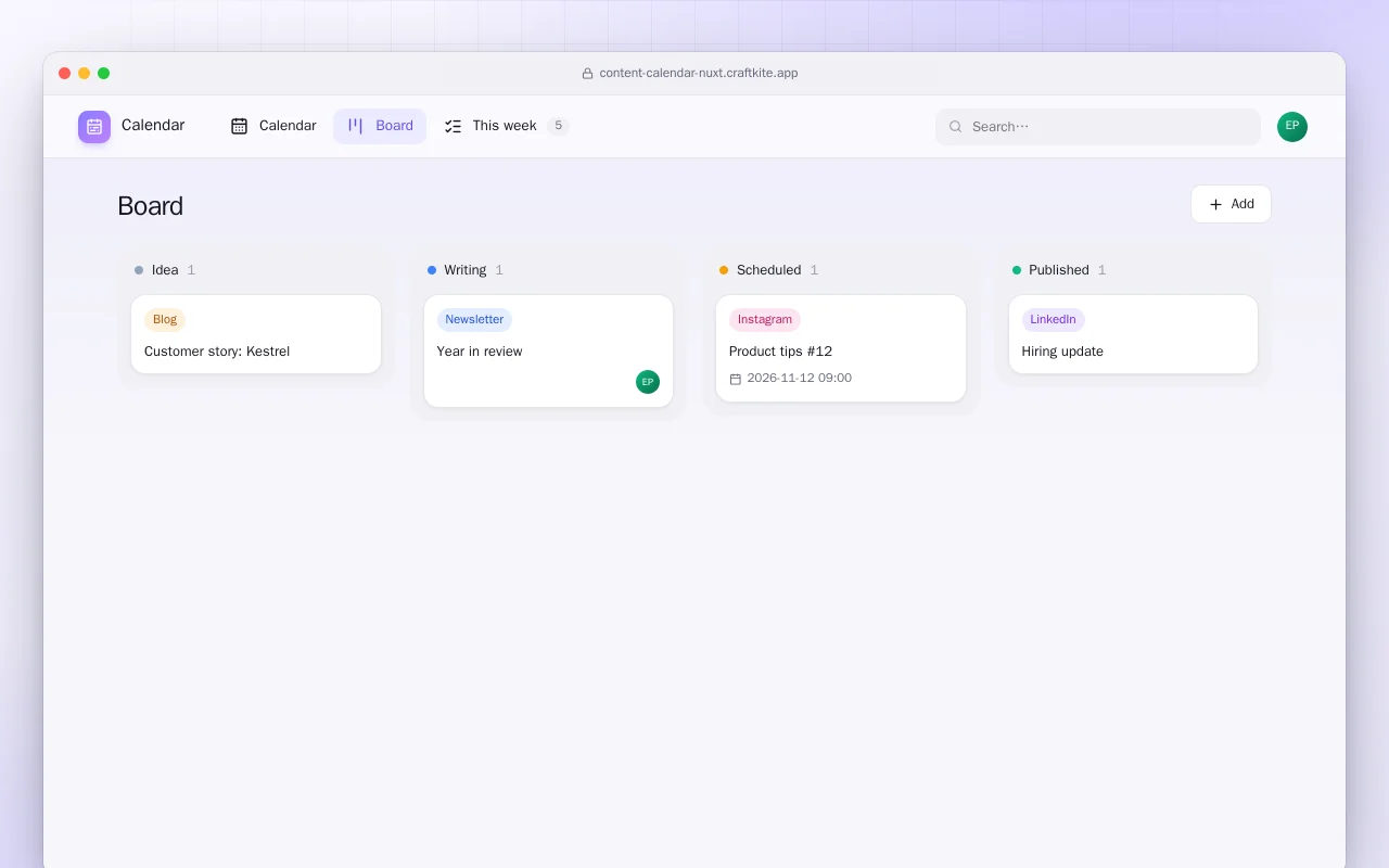 Content Calendar (Nuxt): the Board screen