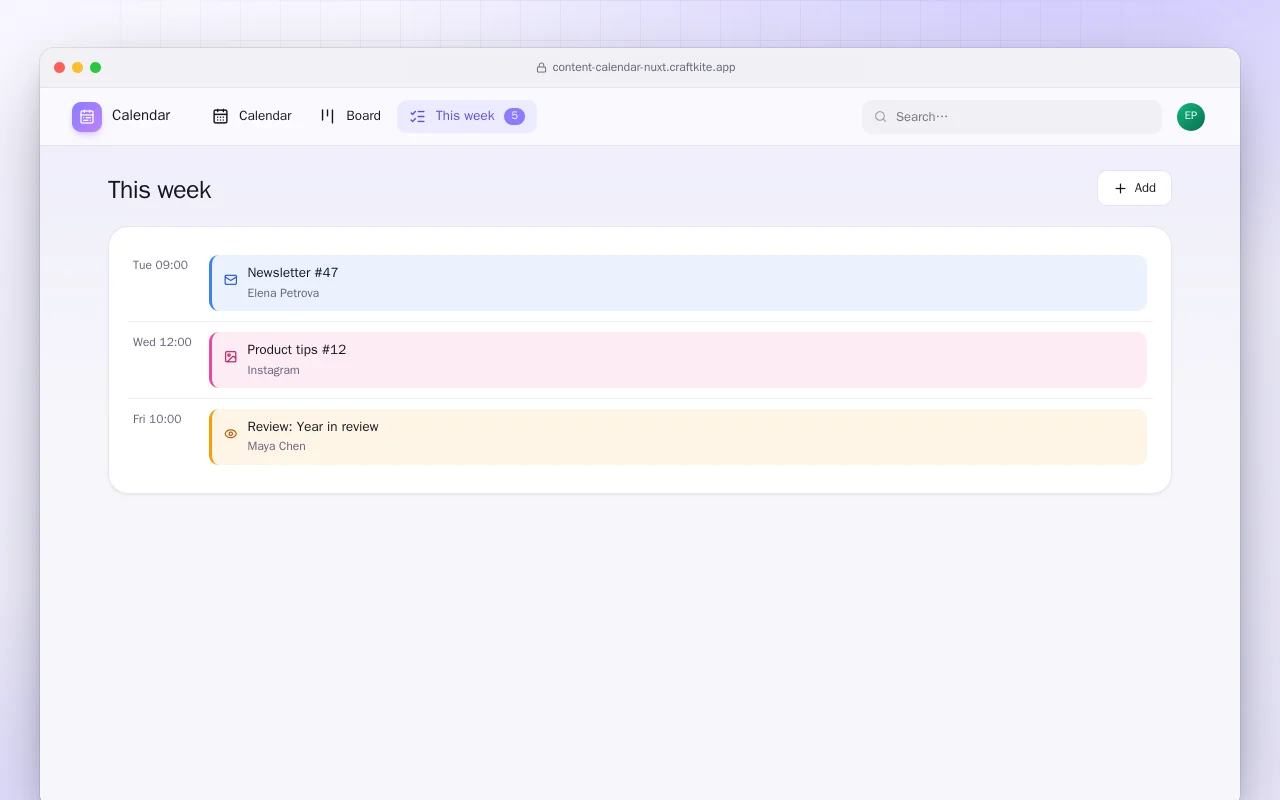 Content Calendar (Nuxt): the This week screen