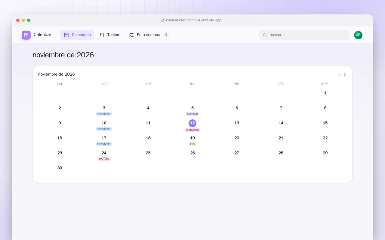 Calendario de contenidos (Nuxt): la pantalla noviembre de 2026