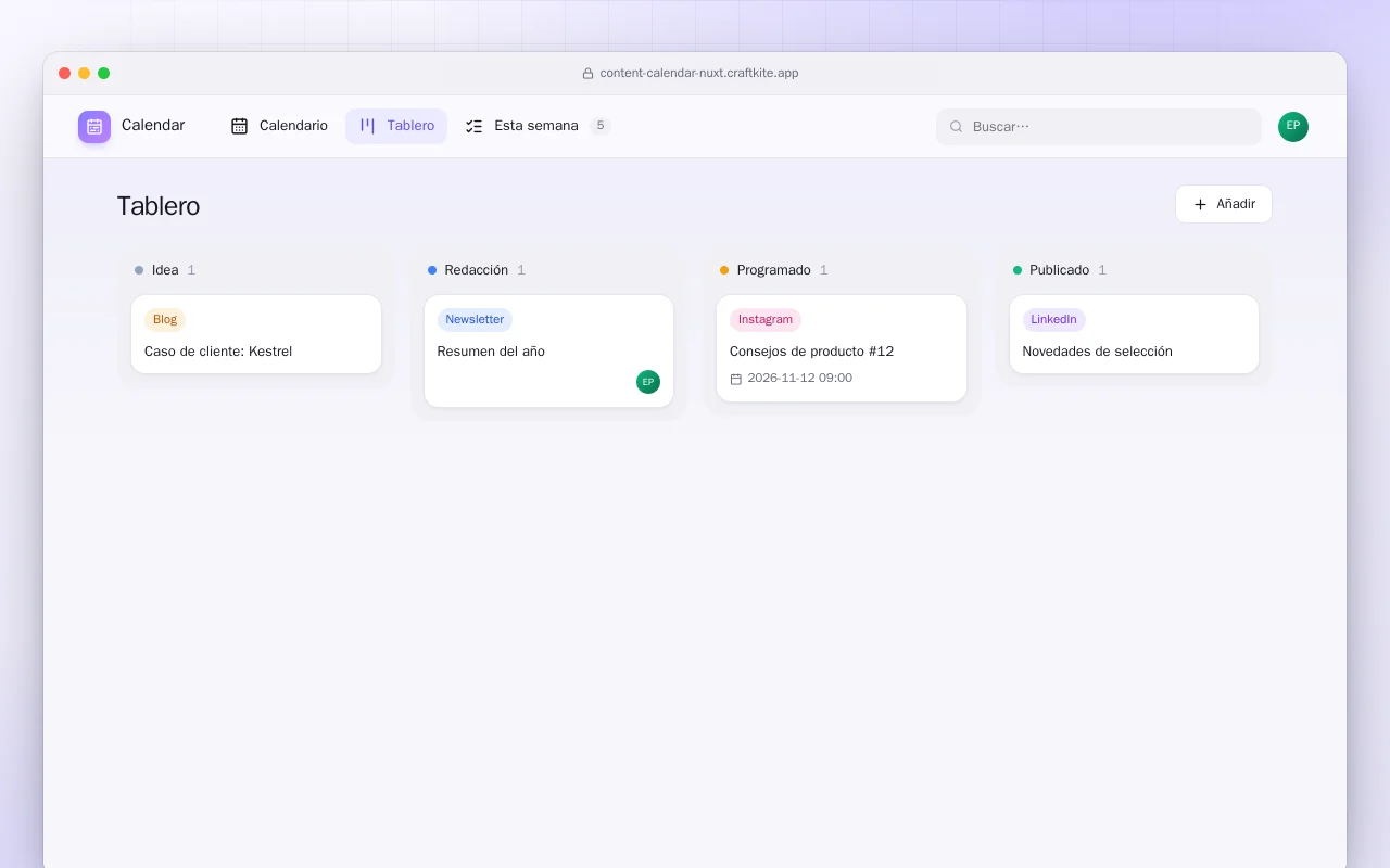 Calendario de contenidos (Nuxt): la pantalla Tablero