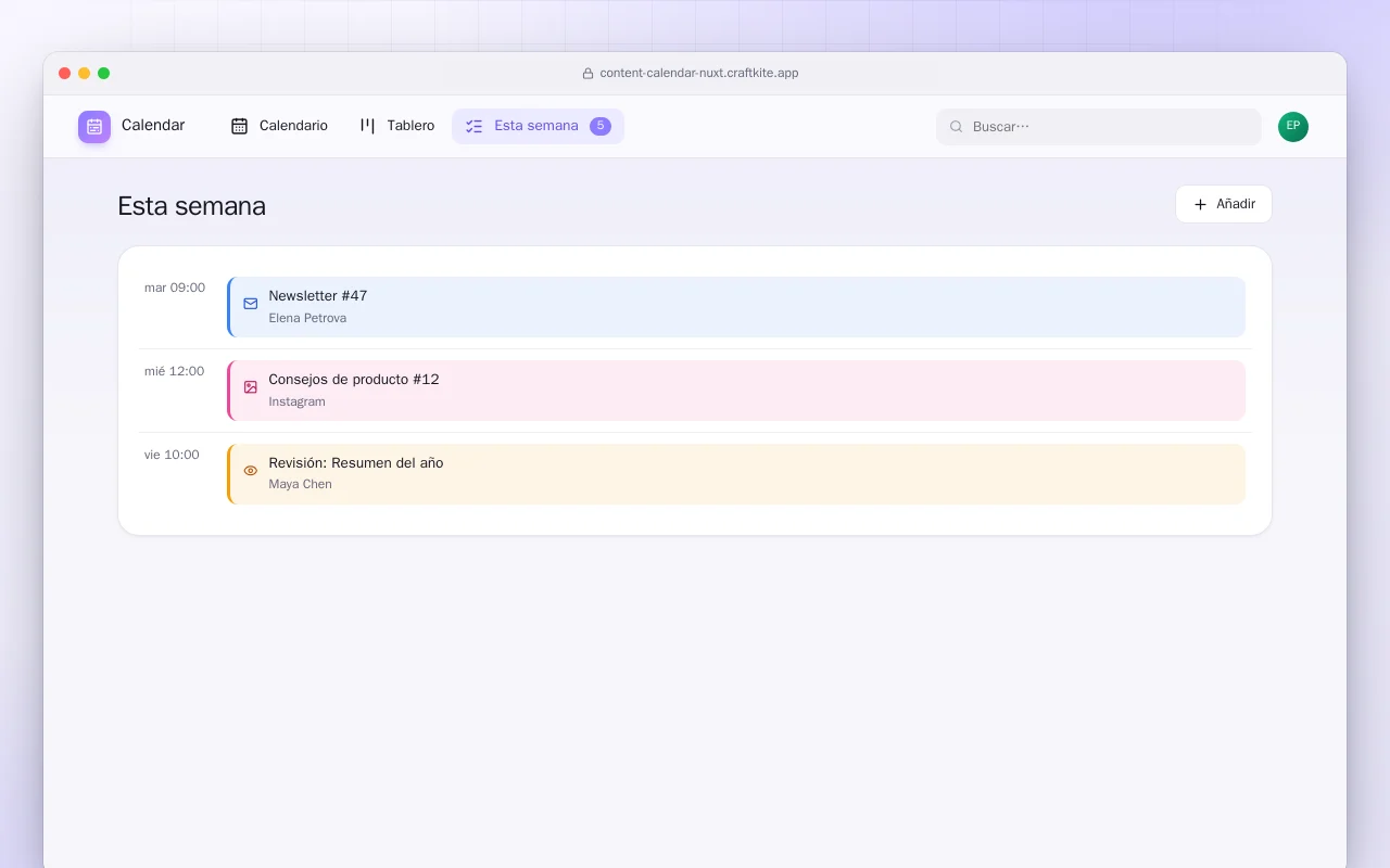 Calendario de contenidos (Nuxt): la pantalla Esta semana