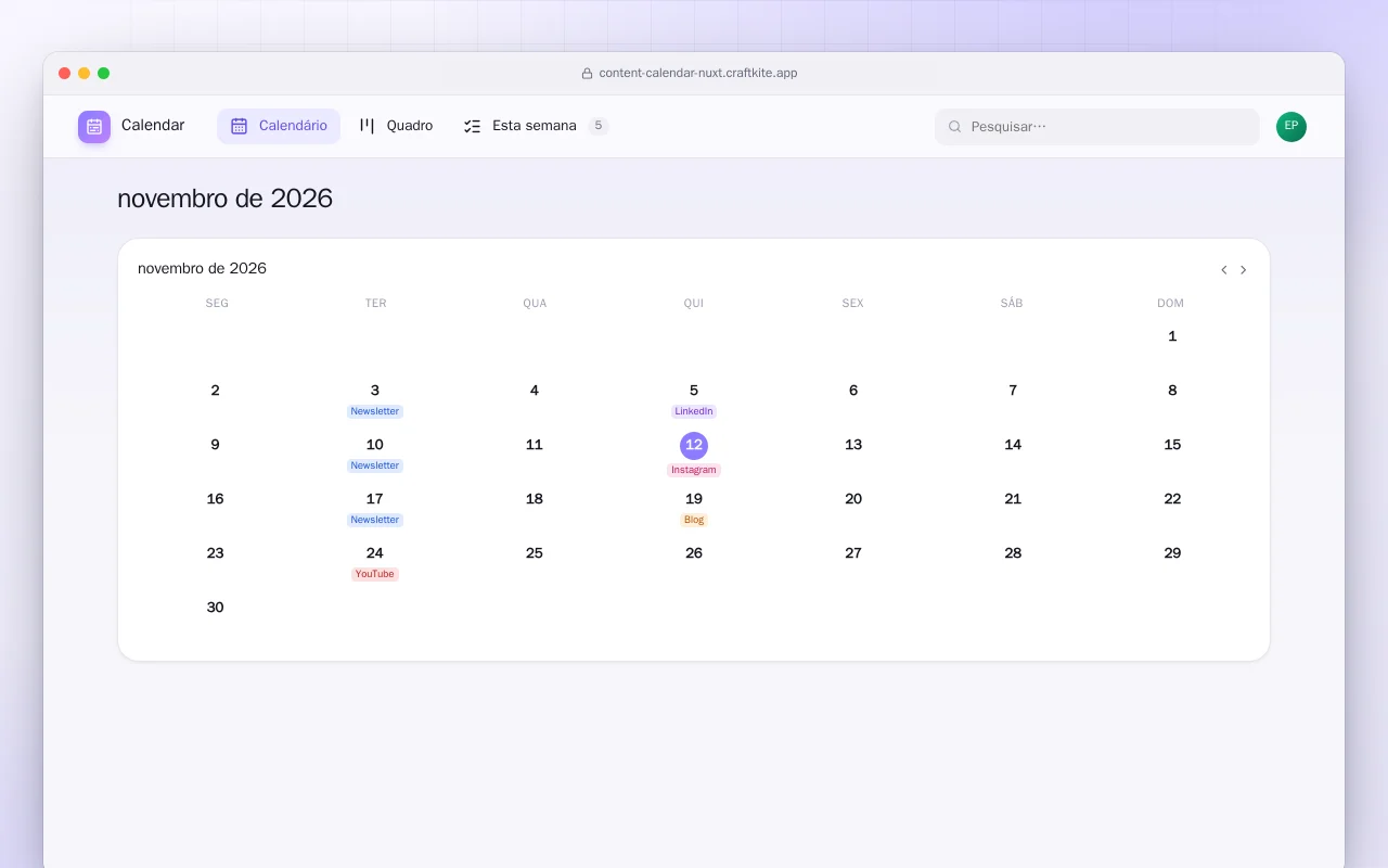 Calendário de conteúdo (Nuxt): a tela novembro de 2026