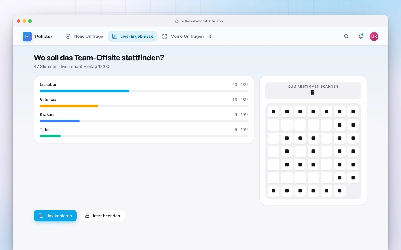 Umfrage-Ersteller: der Bildschirm „Wo soll das Team-Offsite stattfinden?“