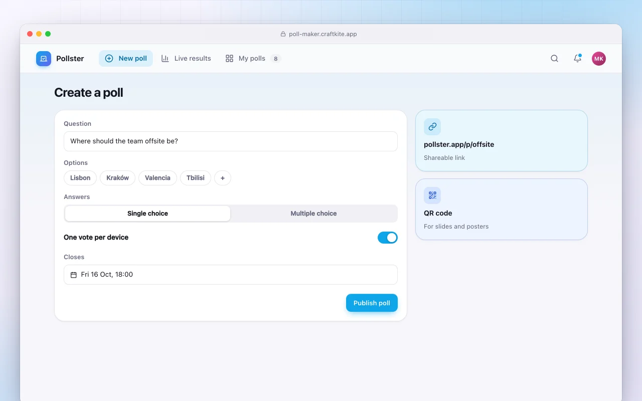 Poll maker: the Create a poll screen