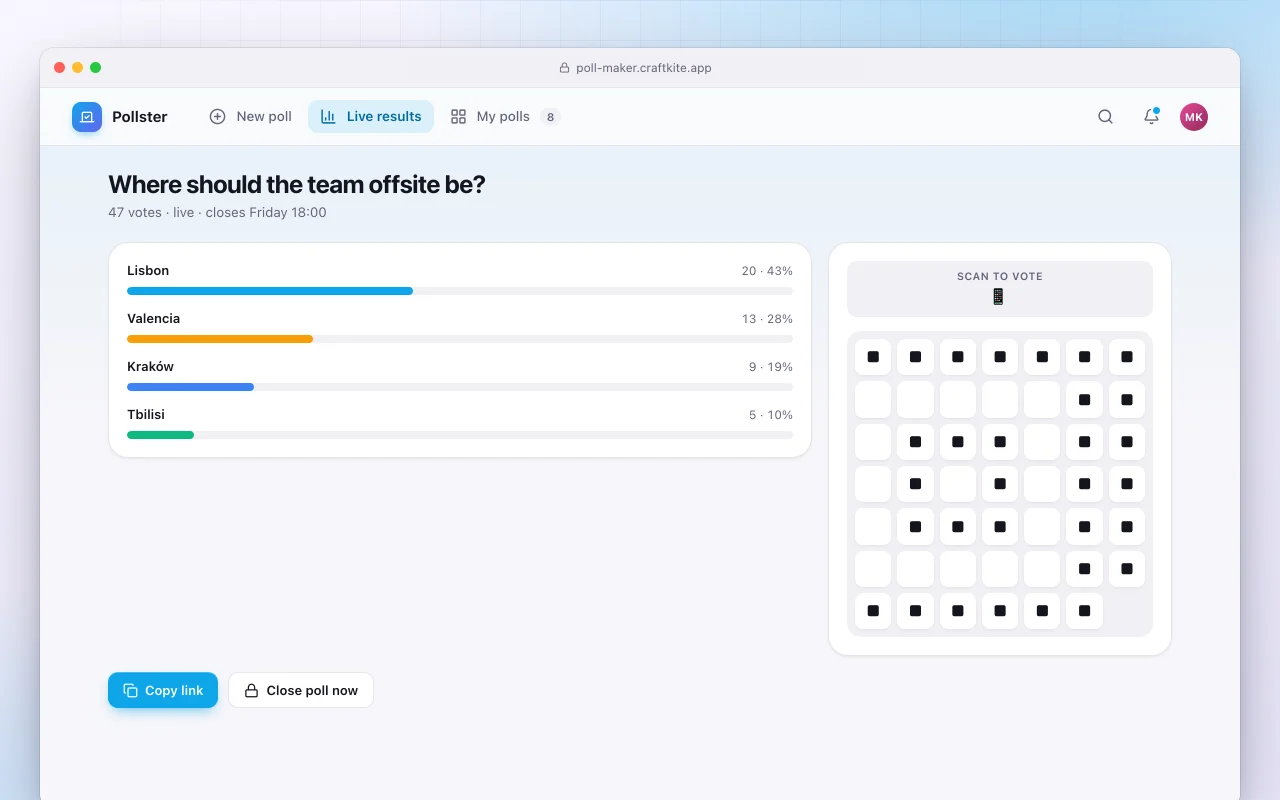 Poll maker: the Where should the team offsite be? screen