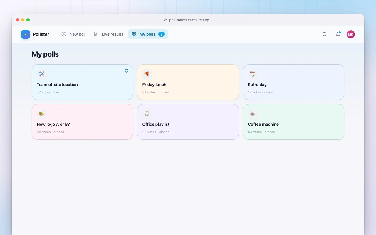 Poll maker: the My polls screen
