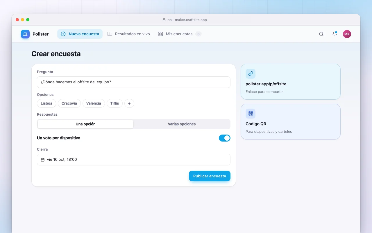 Creador de encuestas rápidas: la pantalla Crear encuesta