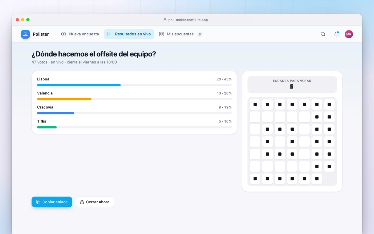 Creador de encuestas rápidas: la pantalla ¿Dónde hacemos el offsite del equipo?