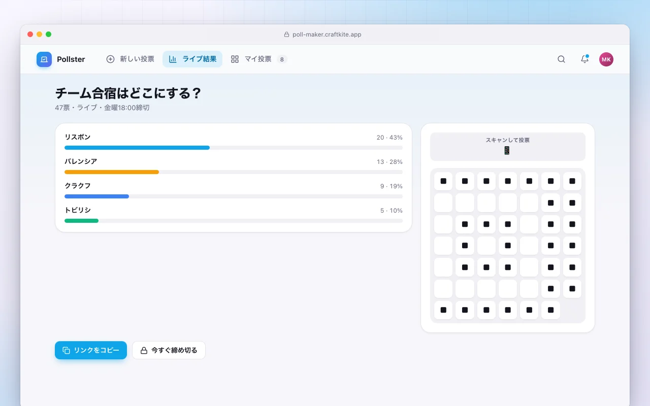 投票メーカー：チーム合宿はどこにする？画面
