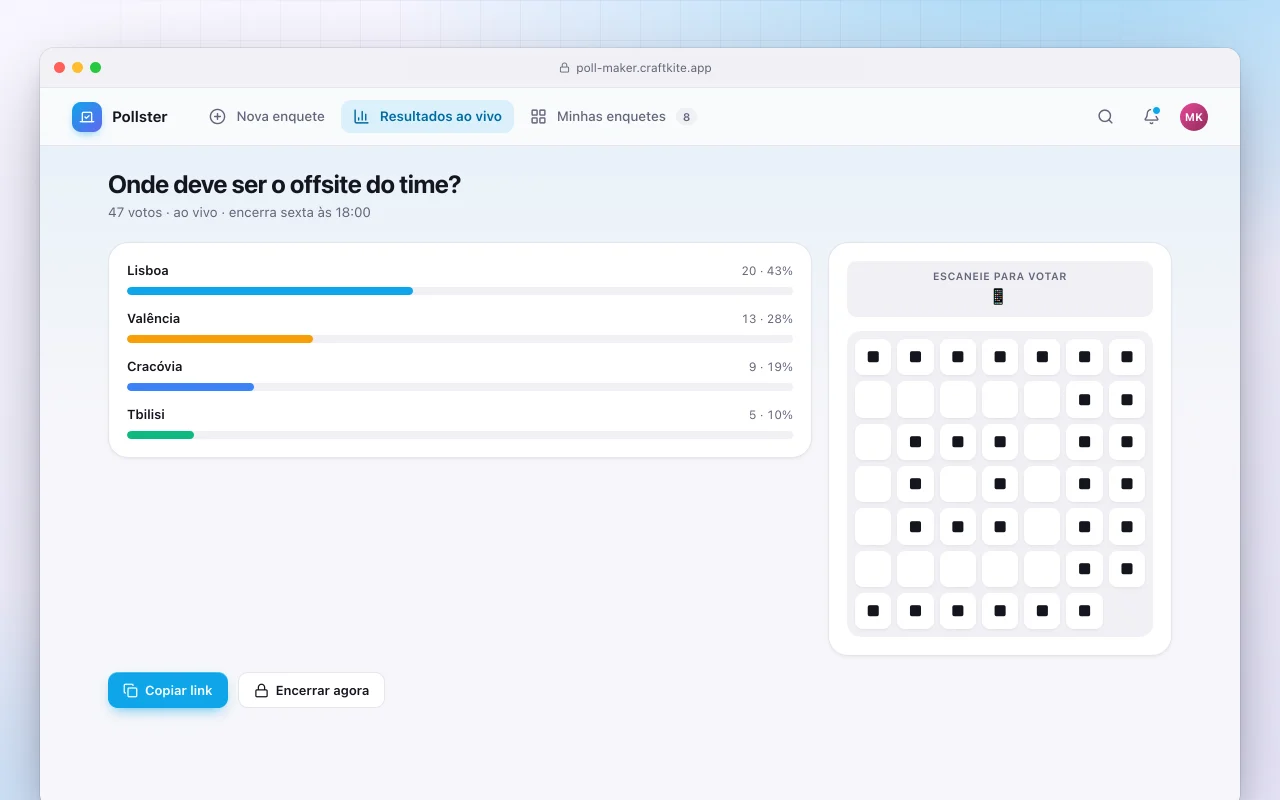 Criador de enquetes: a tela Onde deve ser o offsite do time?
