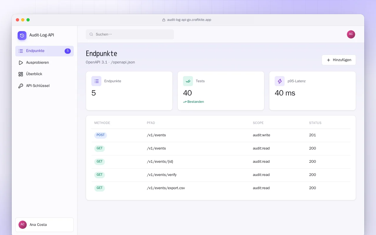 Audit-Log-API (Go): der Bildschirm „Endpunkte“