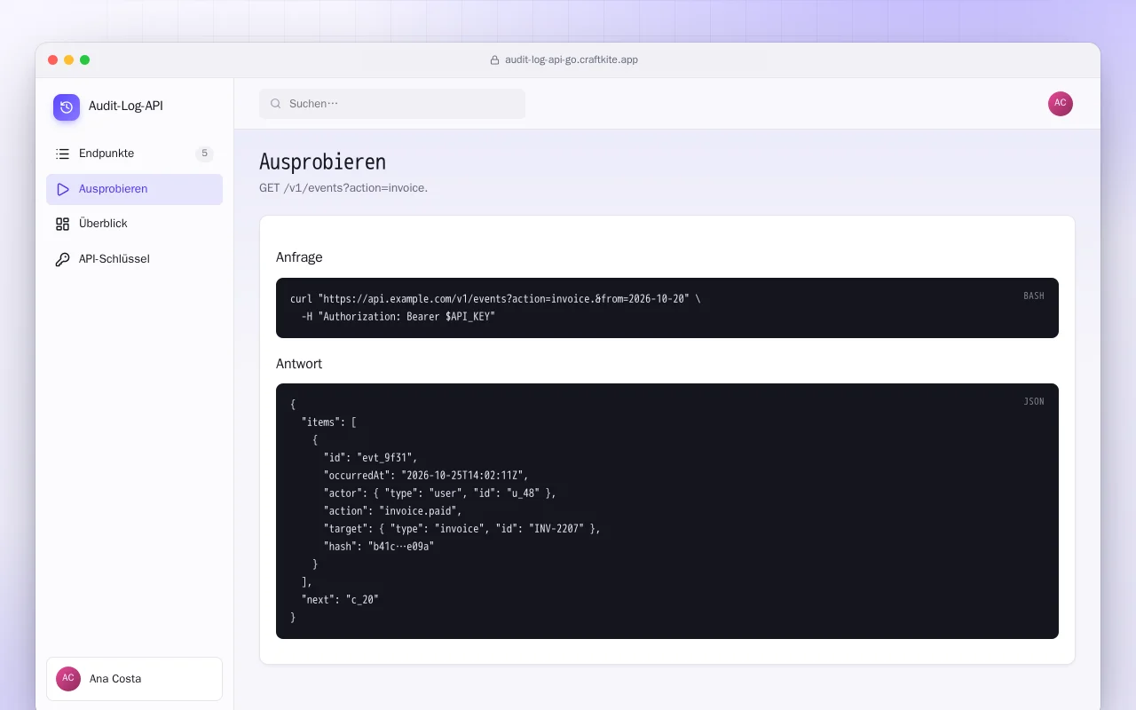 Audit-Log-API (Go): der Bildschirm „Ausprobieren“