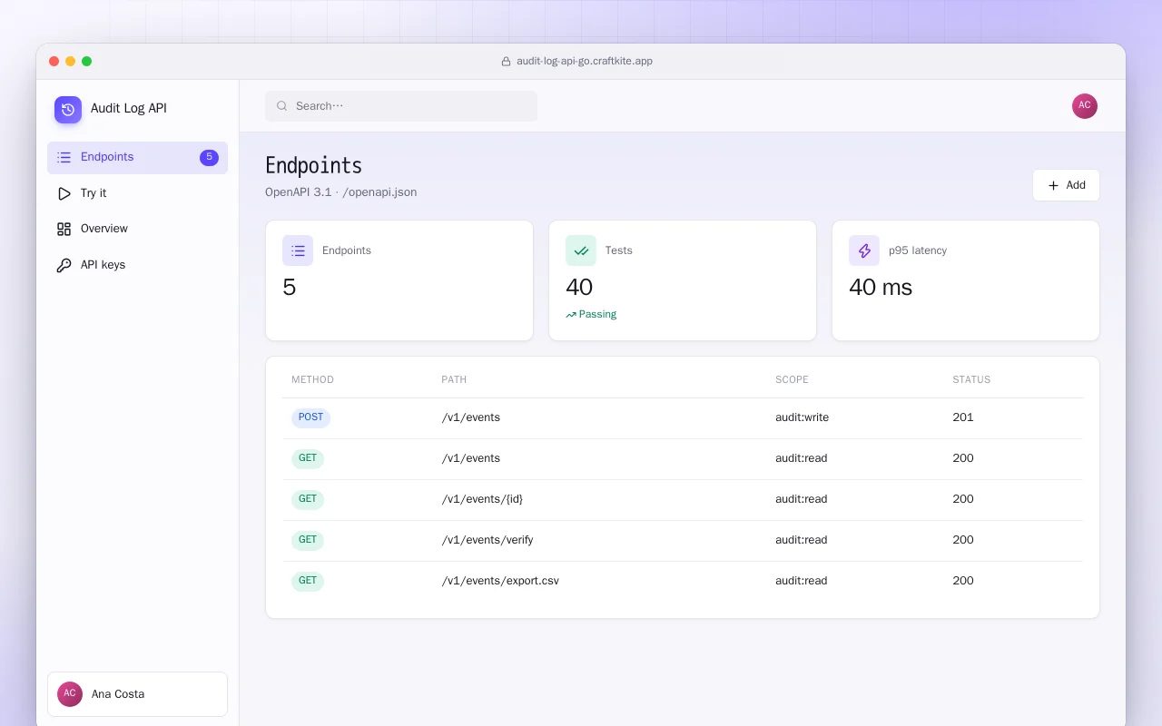 Audit Log API (Go): the Endpoints screen