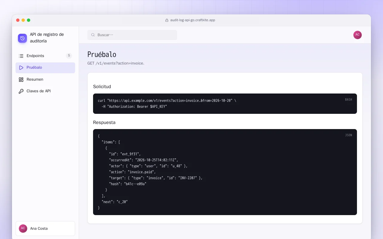 API de registro de auditoría (Go): la pantalla Pruébalo