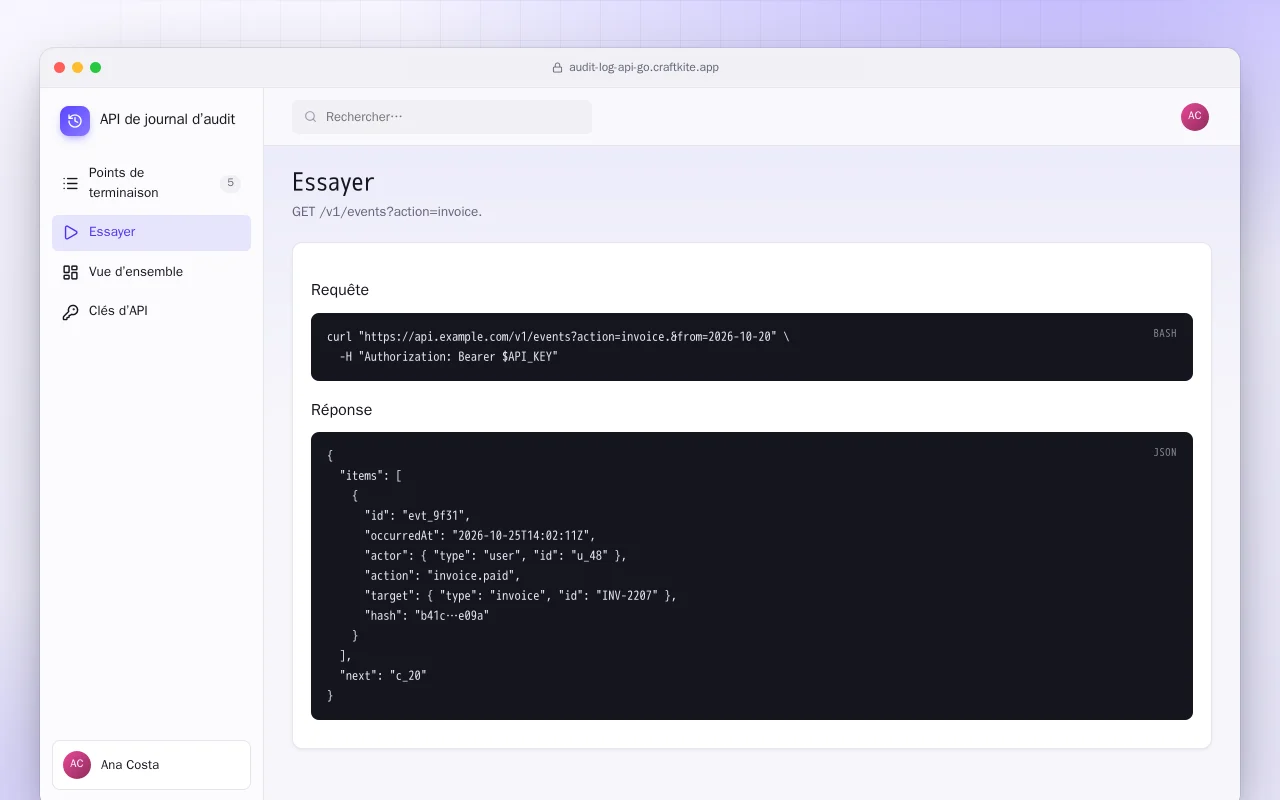 API de journal d’audit (Go) : l’écran Essayer