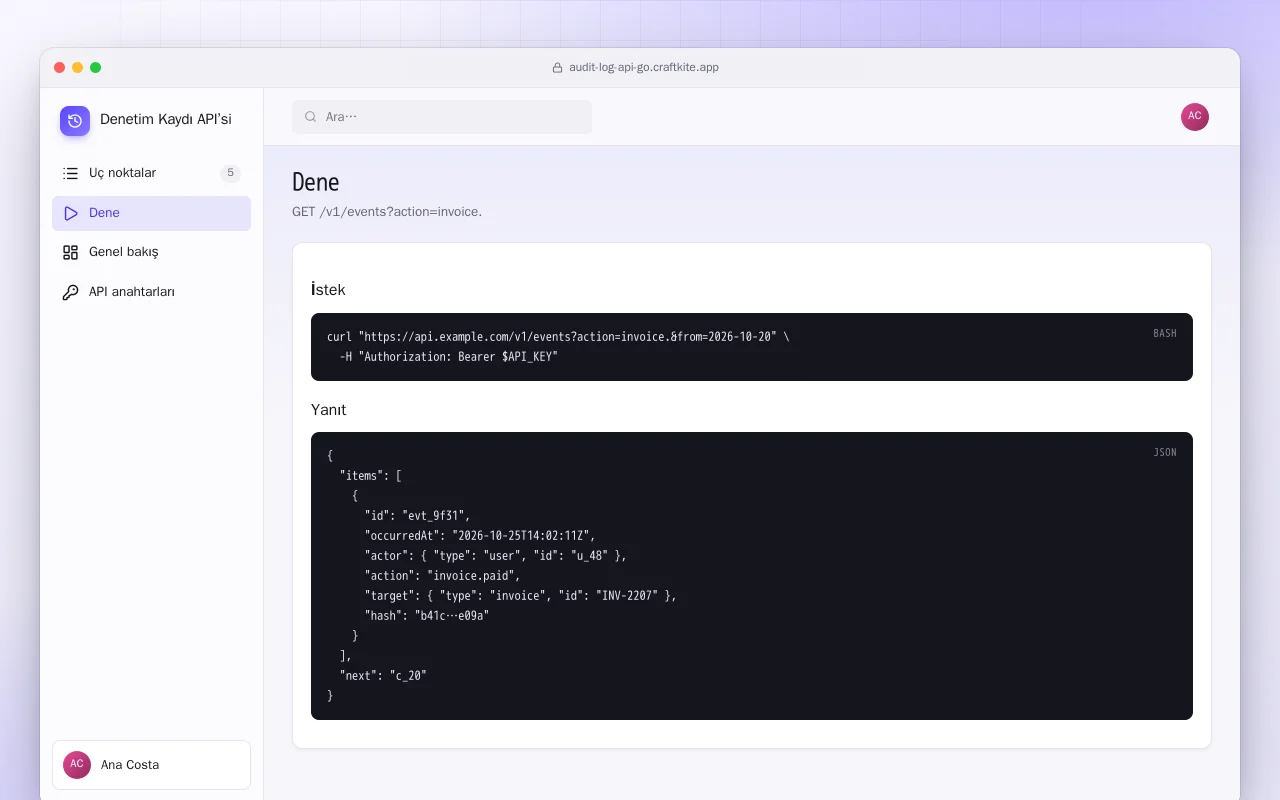 Denetim Kaydı API’si (Go): Dene ekranı