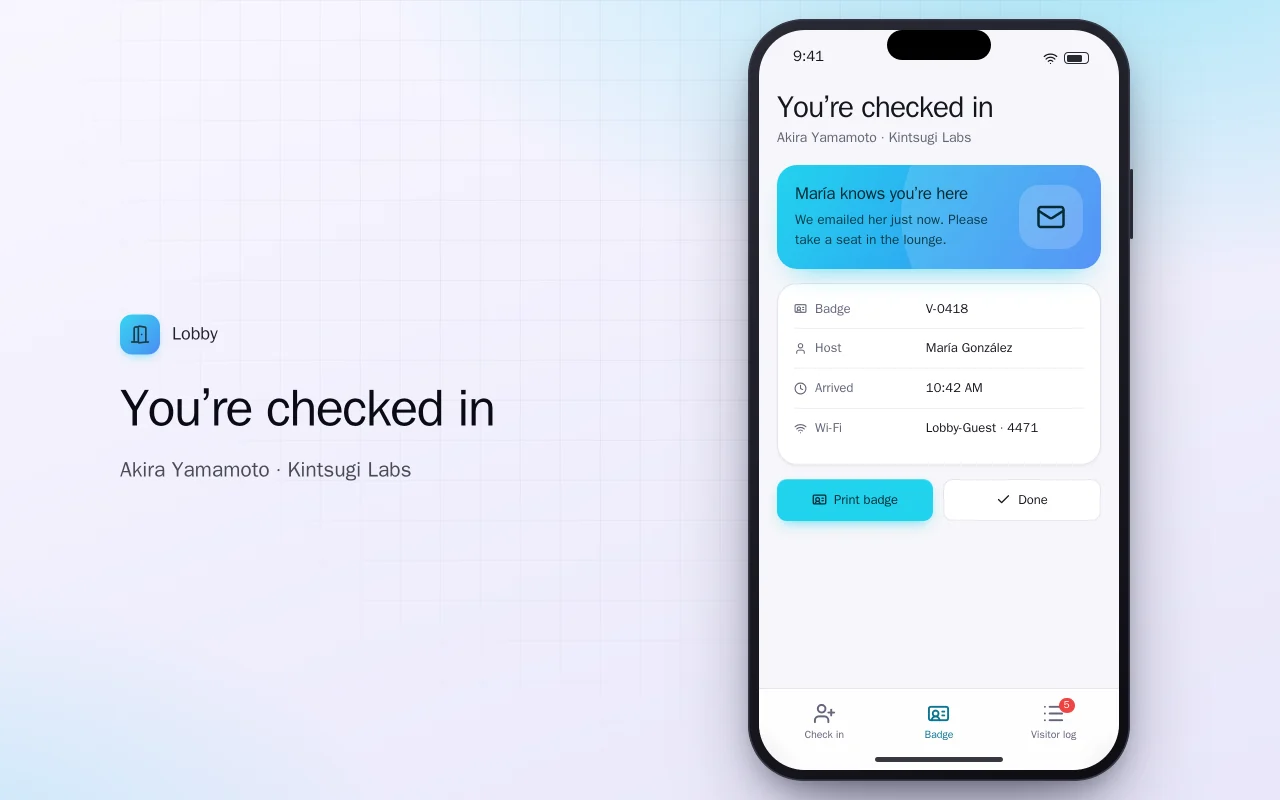 Visitor check-in: the You’re checked in screen