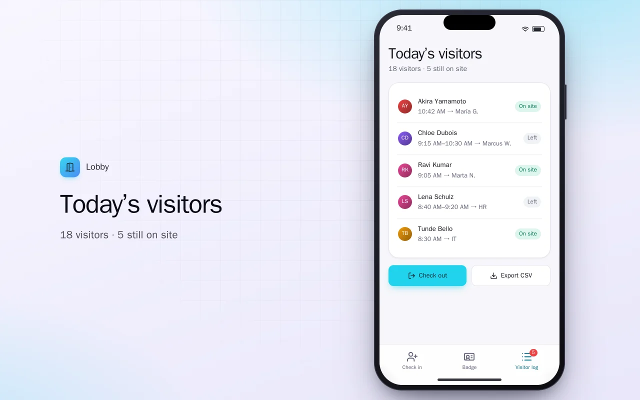 Visitor check-in: the Today’s visitors screen