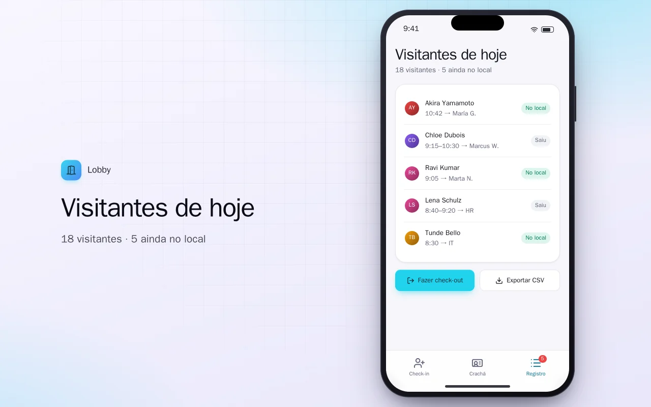 Check-in de visitantes: a tela Visitantes de hoje
