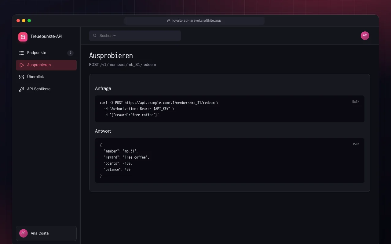 Treuepunkte-API (Laravel): der Bildschirm „Ausprobieren“