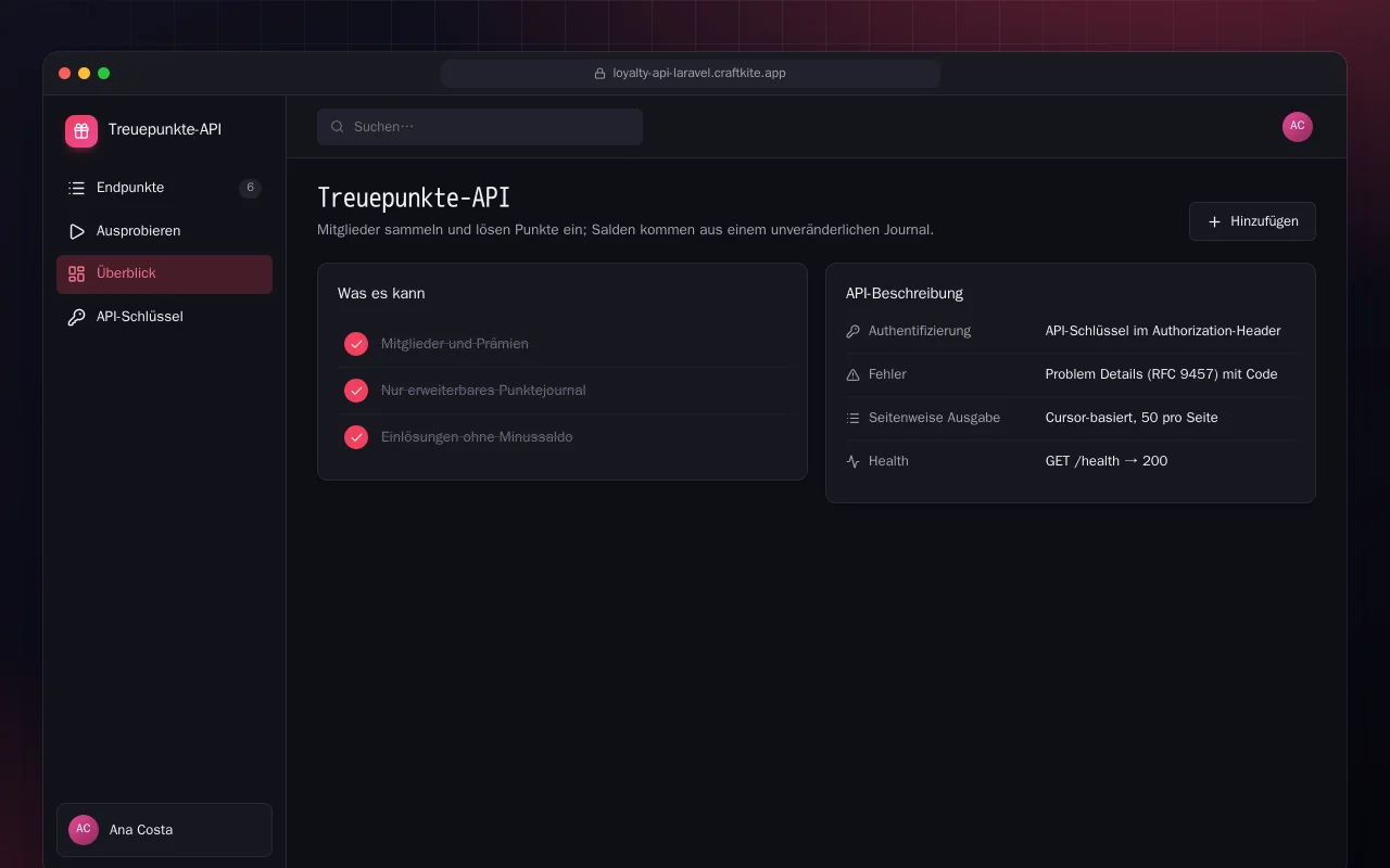 Treuepunkte-API (Laravel): der Bildschirm „Treuepunkte-API“