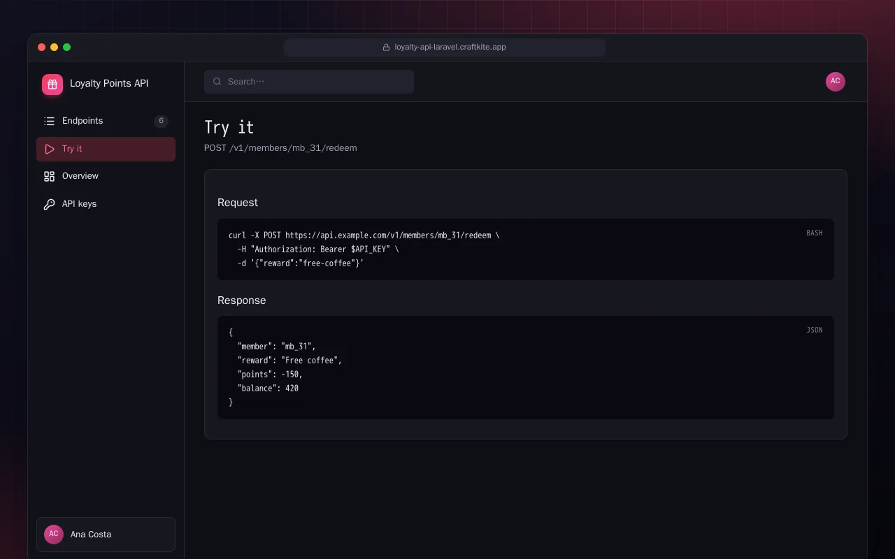 Loyalty Points API (Laravel): the Try it screen