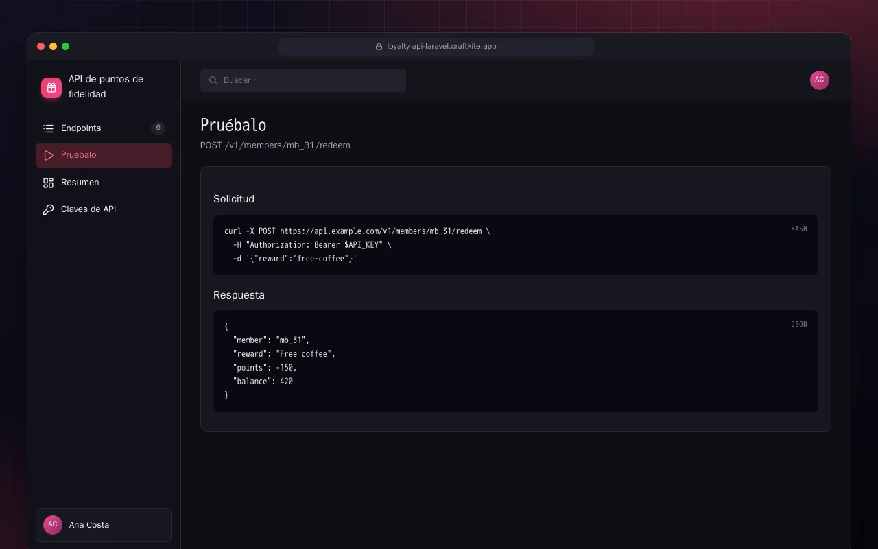API de puntos de fidelidad (Laravel): la pantalla Pruébalo