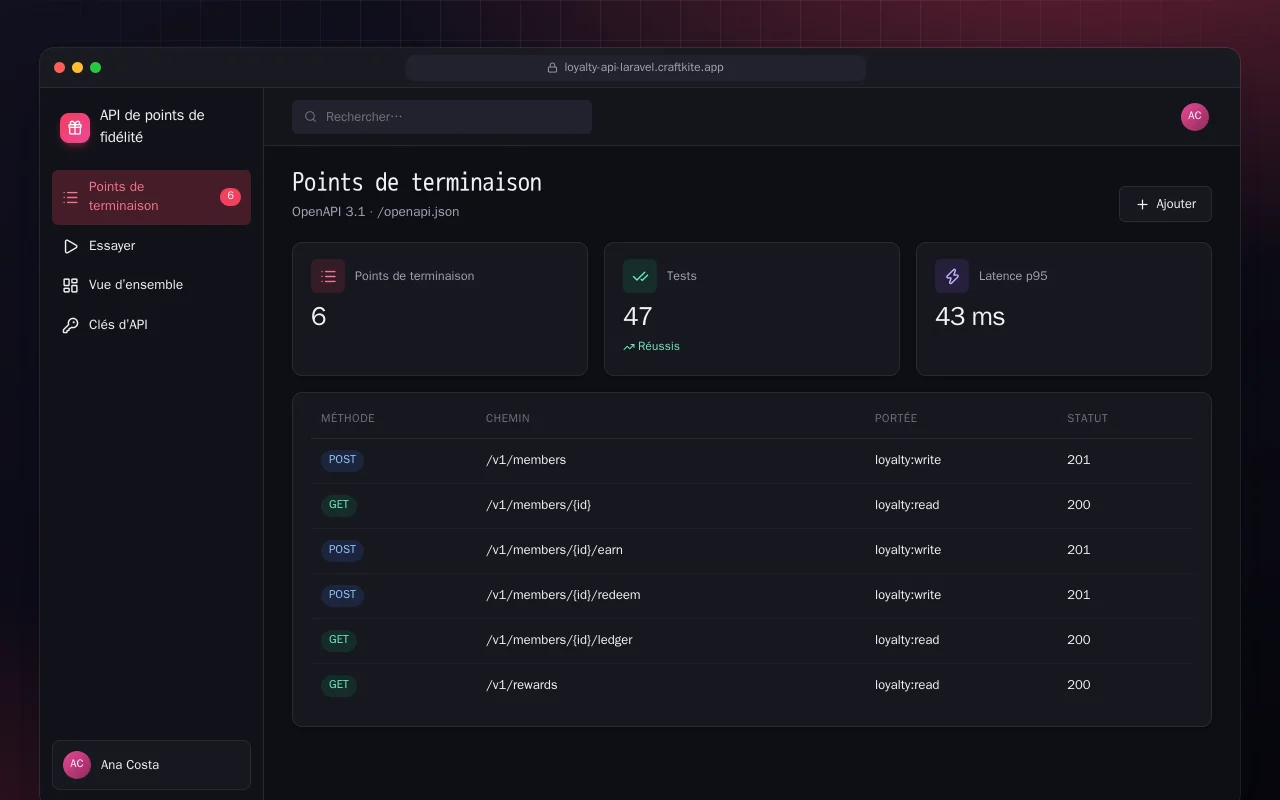 API de points de fidélité (Laravel) : l’écran Points de terminaison