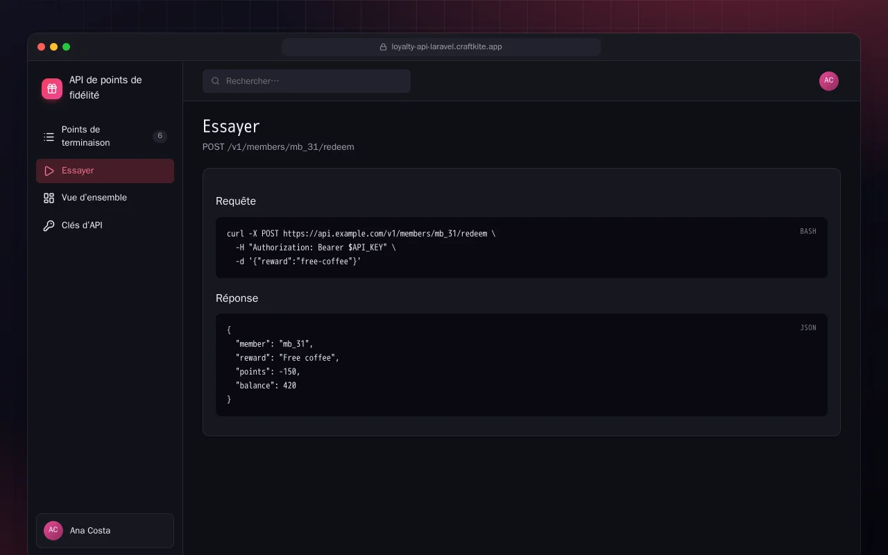 API de points de fidélité (Laravel) : l’écran Essayer