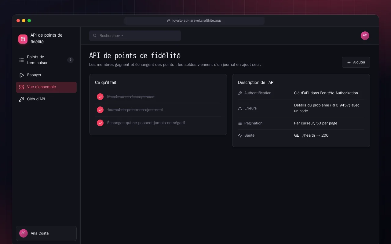 API de points de fidélité (Laravel) : l’écran API de points de fidélité