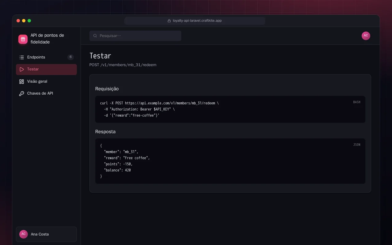 API de pontos de fidelidade (Laravel): a tela Testar