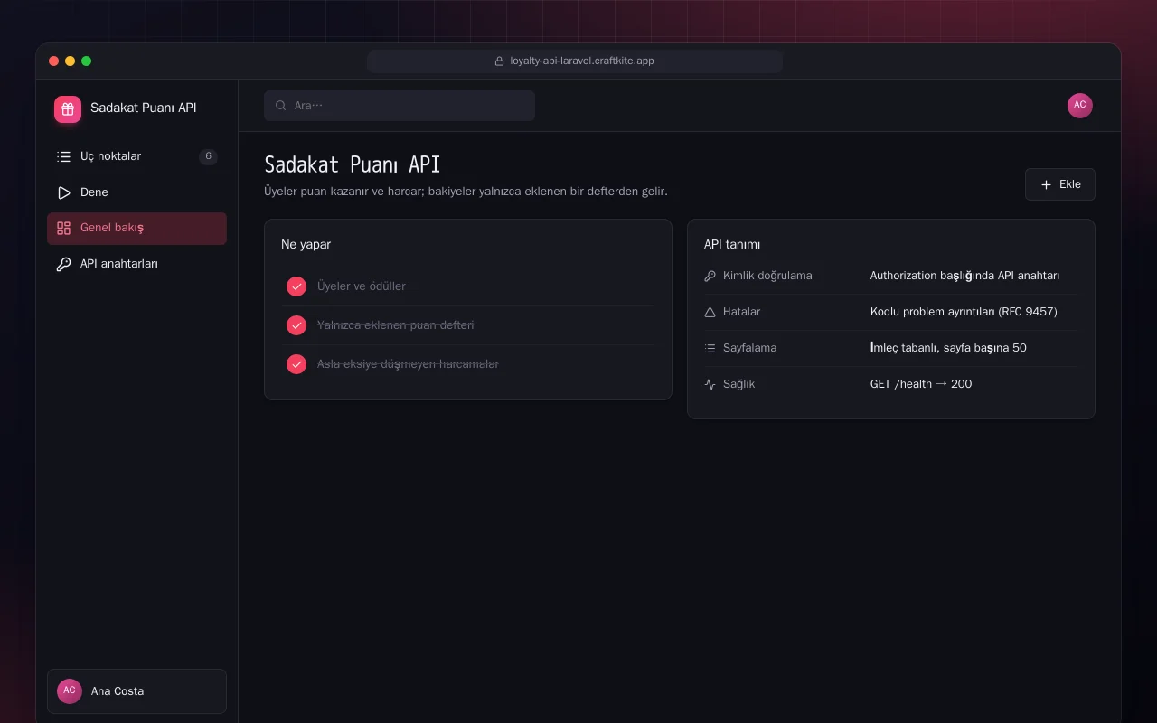 Sadakat Puanı API (Laravel): Sadakat Puanı API ekranı