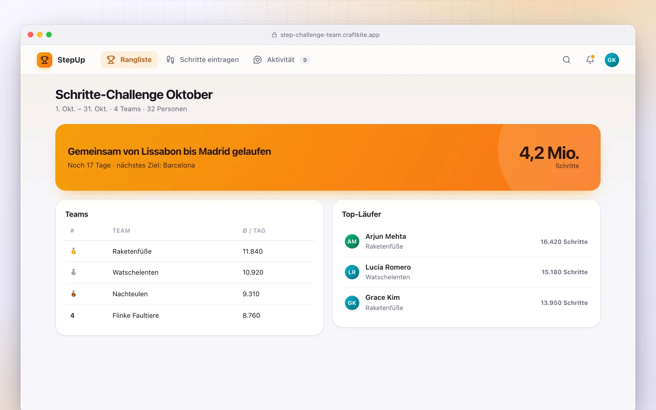 Team-Schrittchallenge: der Bildschirm „Schritte-Challenge Oktober“