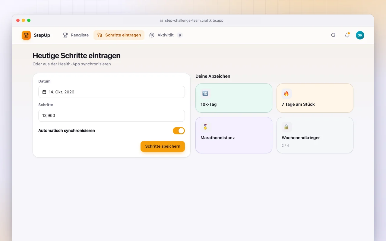 Team-Schrittchallenge: der Bildschirm „Heutige Schritte eintragen“
