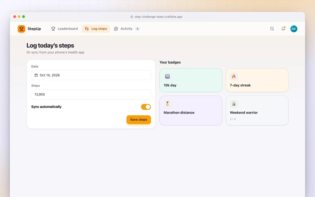 Team step challenge: the Log today’s steps screen