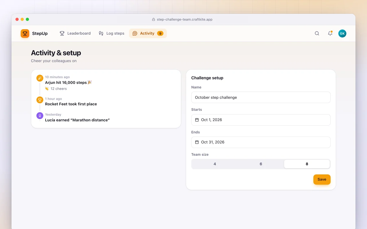Team step challenge: the Activity & setup screen