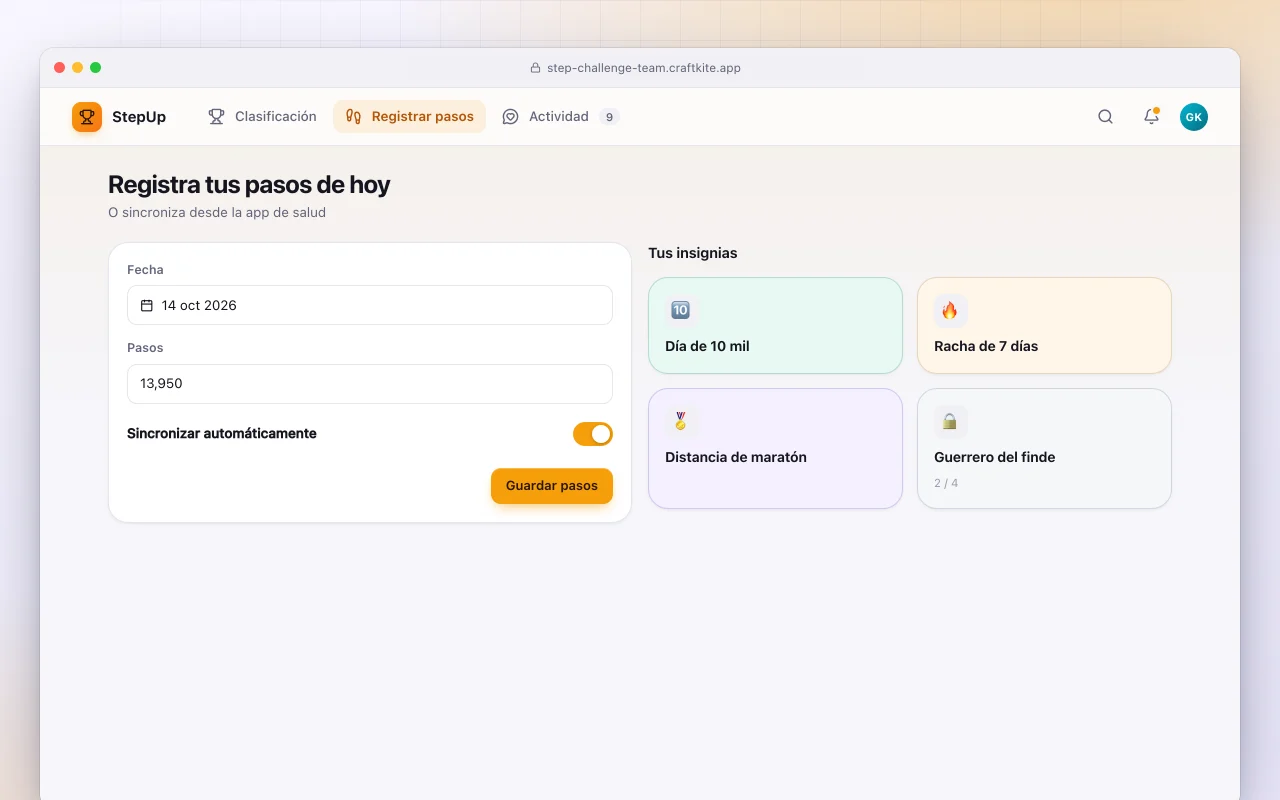 Reto de pasos por equipos: la pantalla Registra tus pasos de hoy