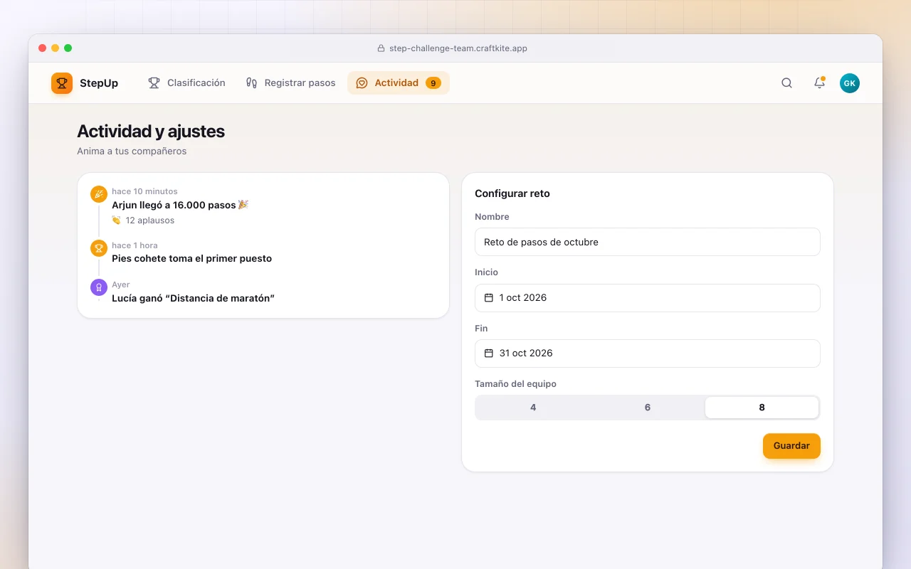 Reto de pasos por equipos: la pantalla Actividad y ajustes