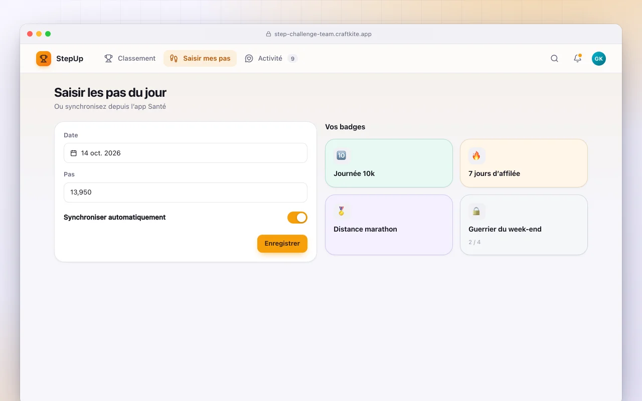 Défi de pas par équipes : l’écran Saisir les pas du jour