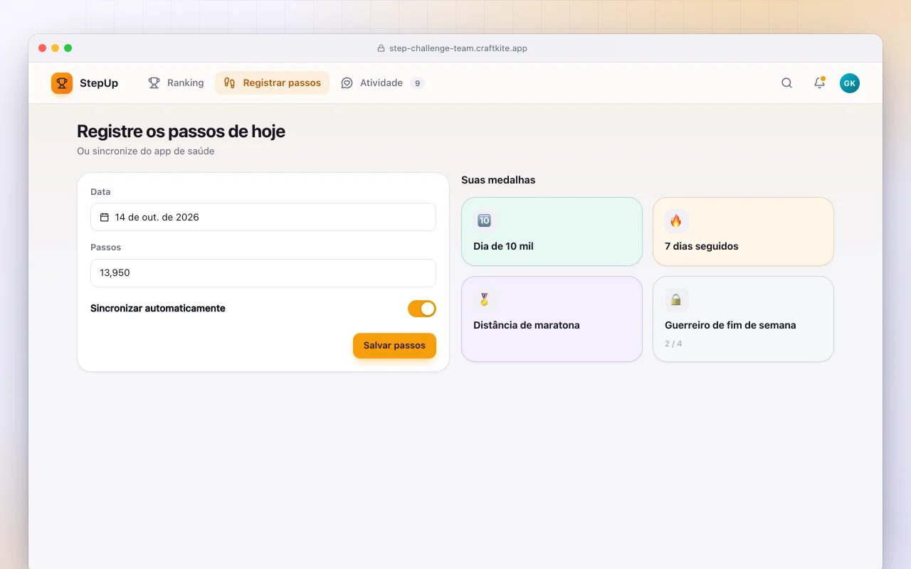 Desafio de passos em equipe: a tela Registre os passos de hoje